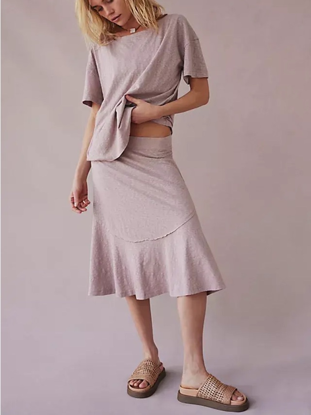 FP Beach Skirt Womens Medium Taupe Jersey Flare Midi Elastic Waist Lightweight